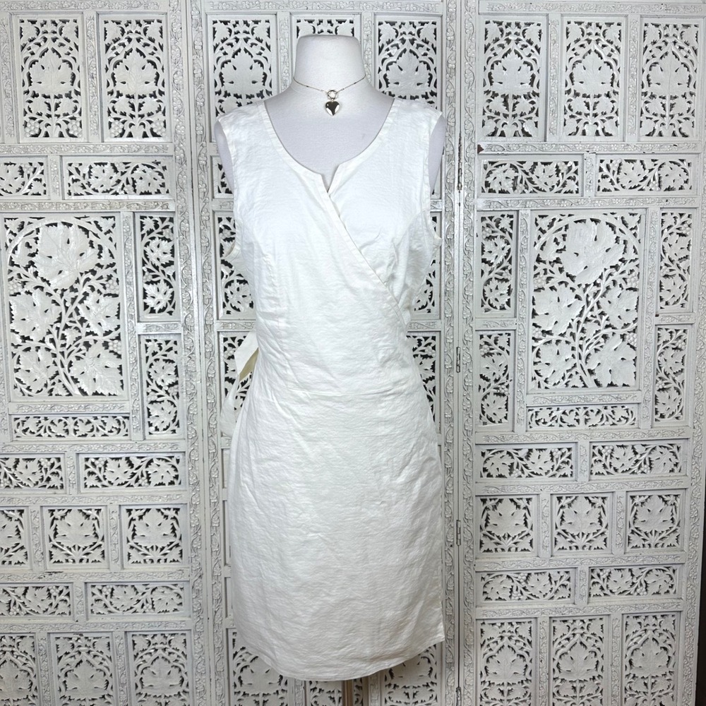 ADAY Ivory Cream Linen Blend Sleeveless Casual Wrap Dress Sz XL Tie Knee Length